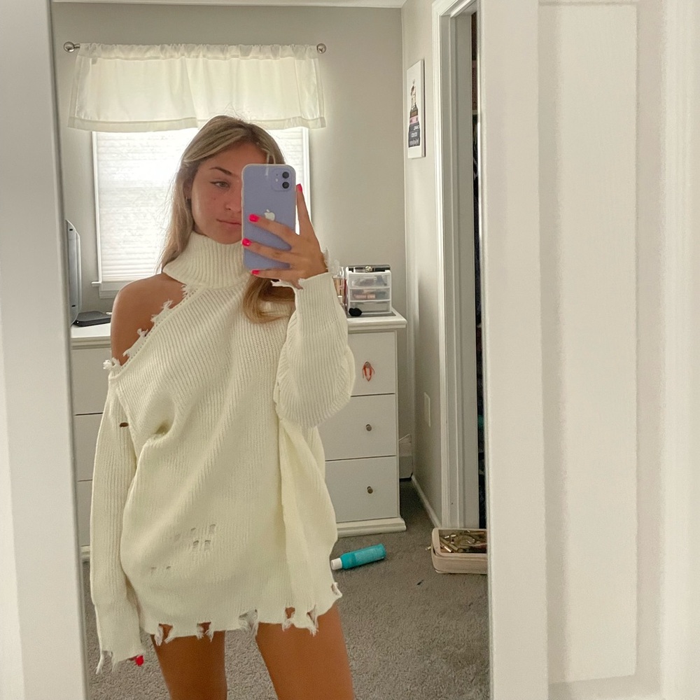 High neck, open shoulder oversized sweater